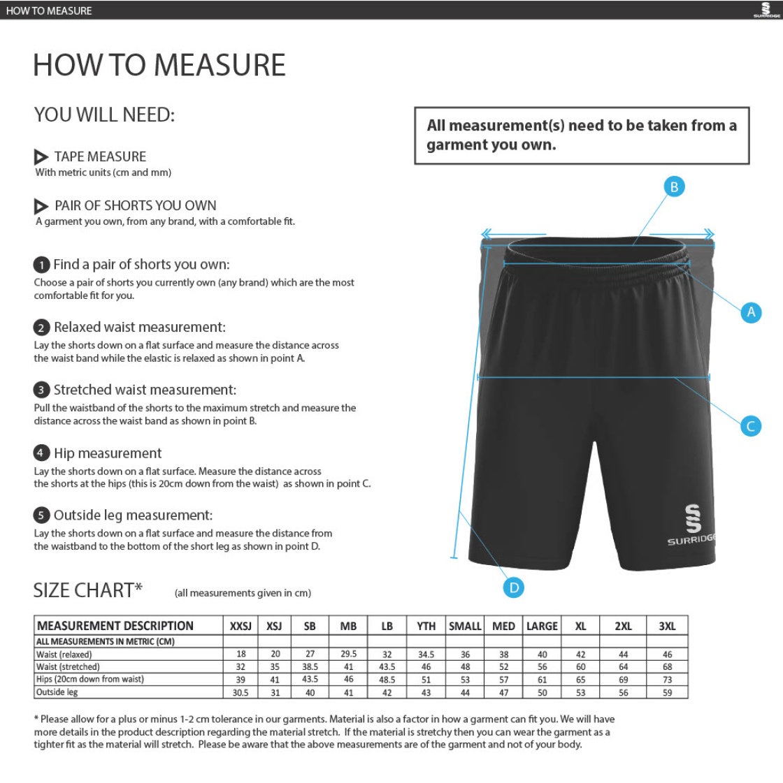 Chelmsford FC - Fuse Shorts - Royal - Size Guide