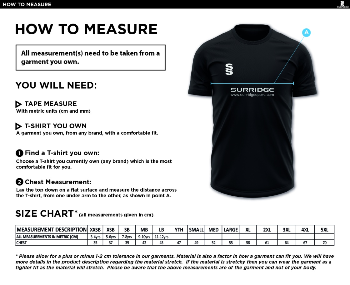 Chelmsford FC - Dual Games Shirt - Maroon - Size Guide