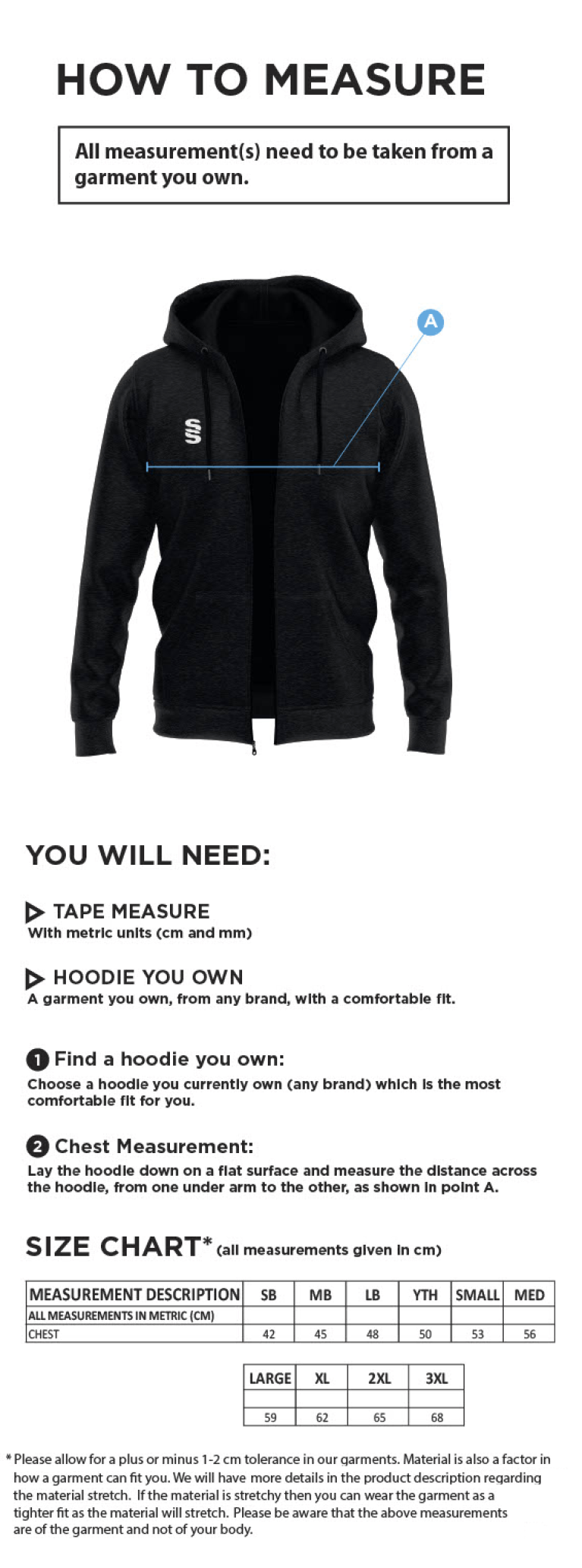Chelmsford FC - Dual Full Zip Hoody - Black - Size Guide