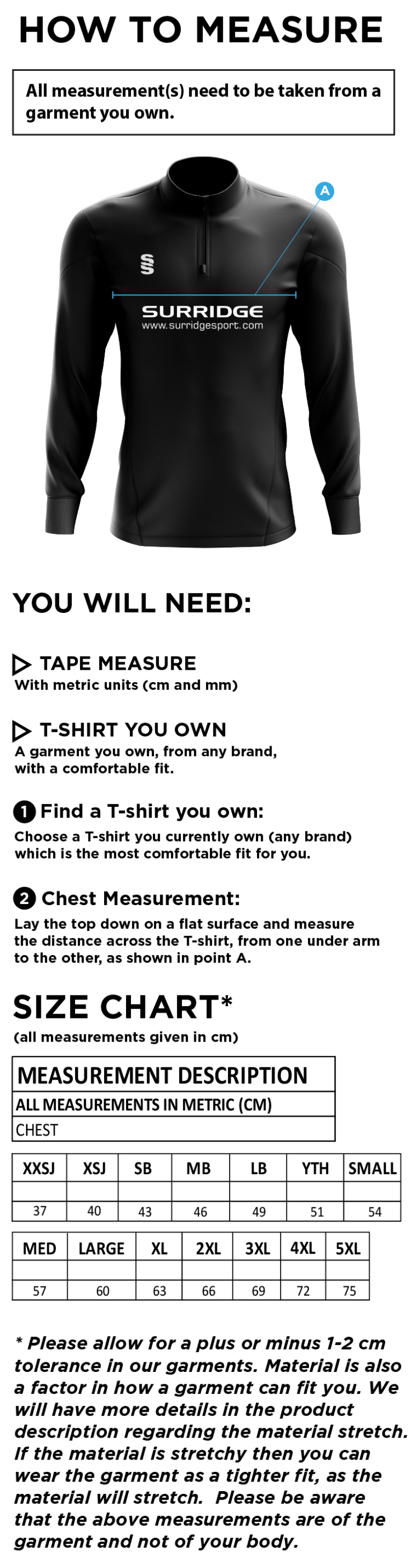 Chelmsford FC - Active Performance Top - Size Guide