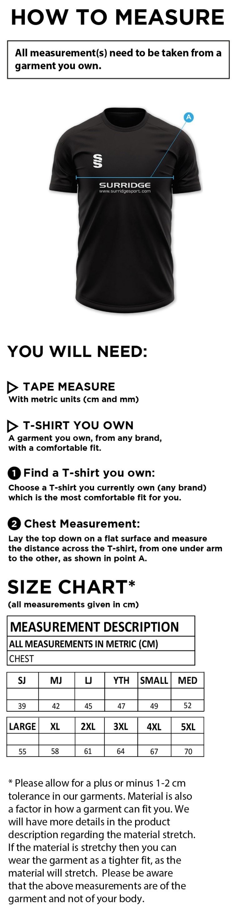 Chelmsford FC - Impact T-Shirt - Royal - Size Guide