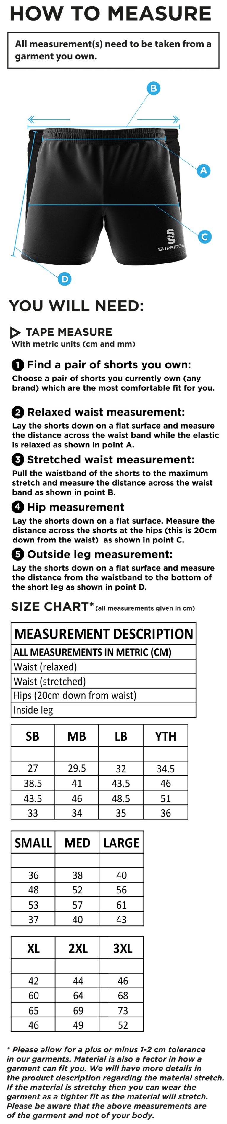 Chelmsford FC - Performance Gym Short - Black - Size Guide