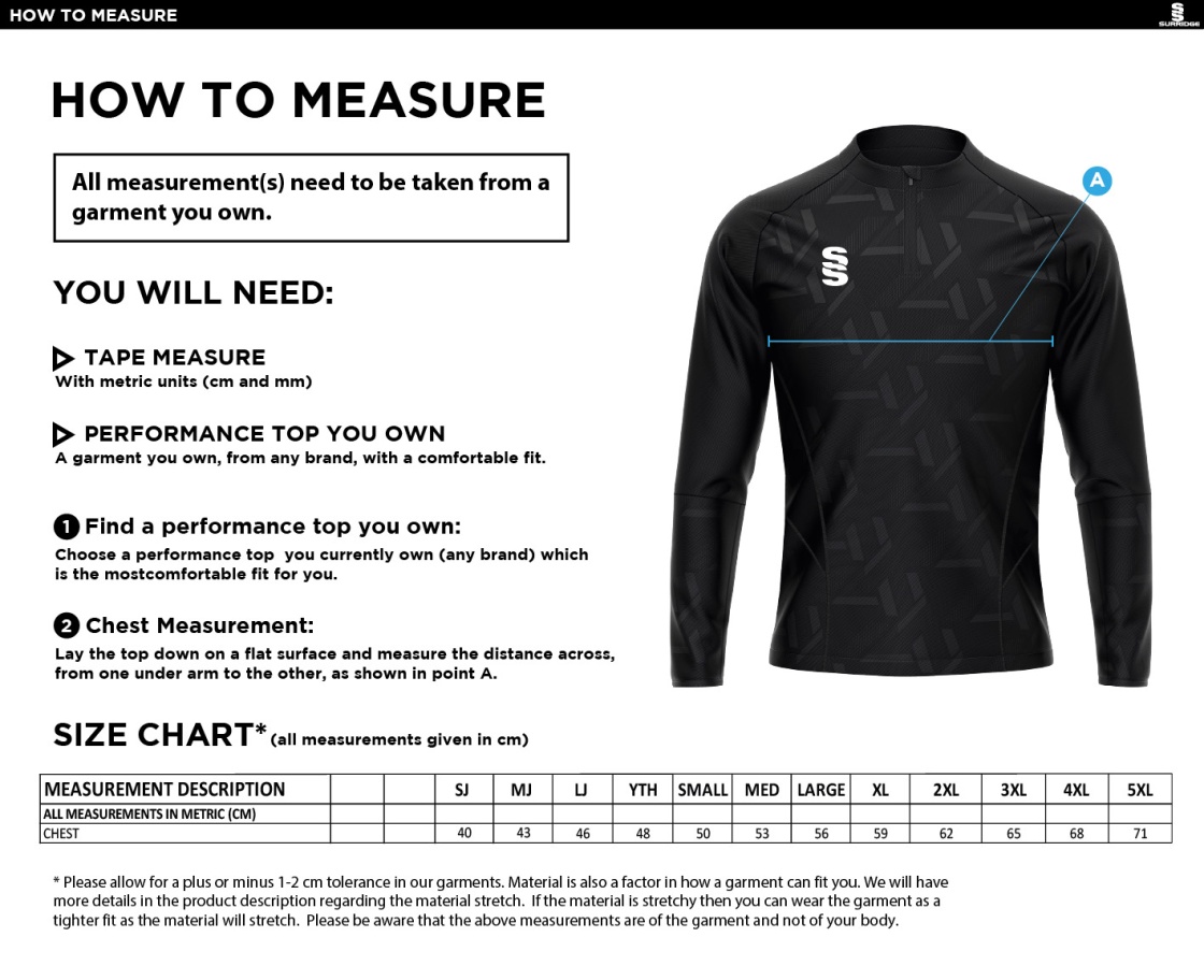 Chelmsford FC - Impact 1/4 Zip Performance Top - Royal - Size Guide