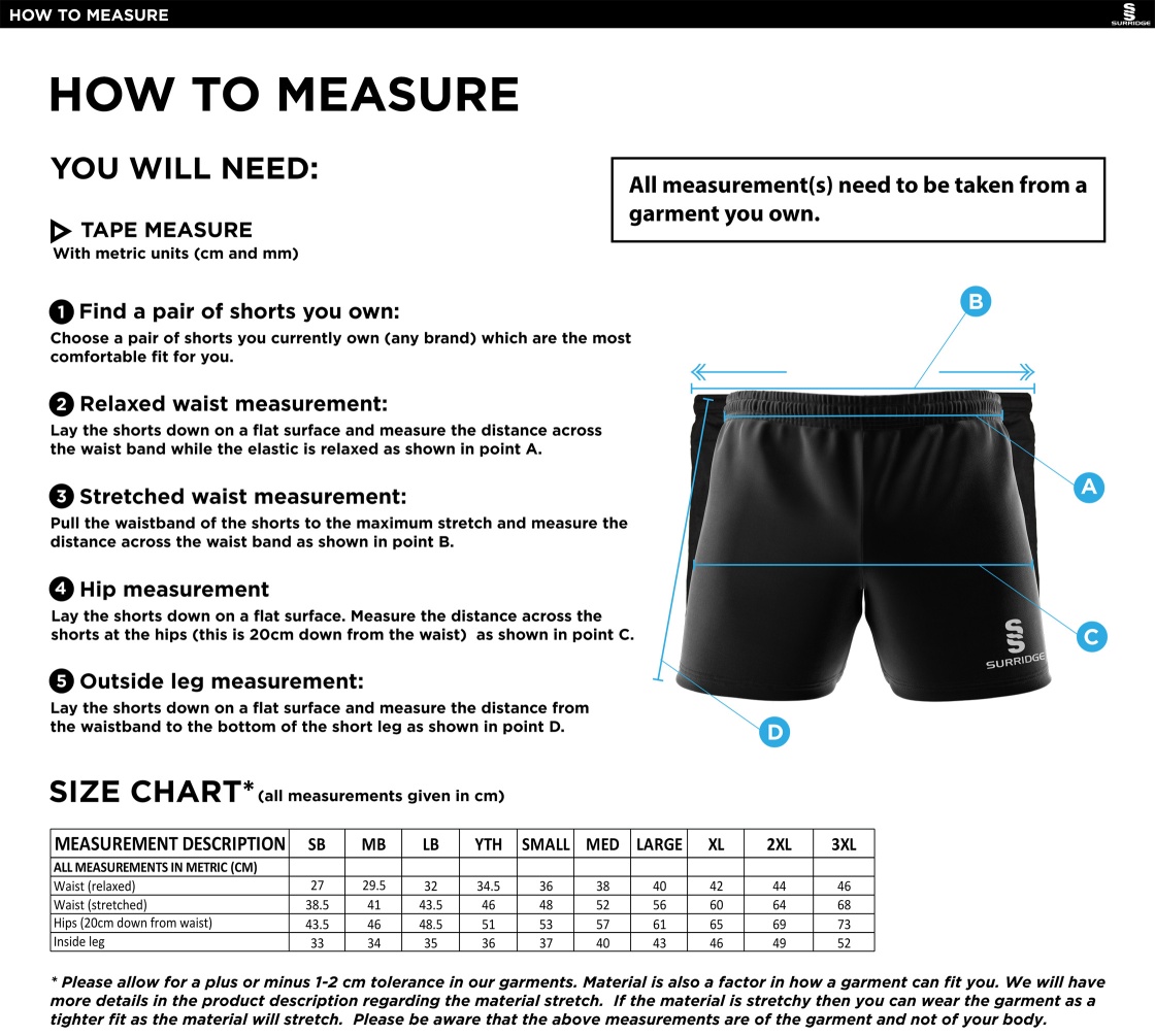 Chelmsford FC - Performance Gym Short - Black - Size Guide
