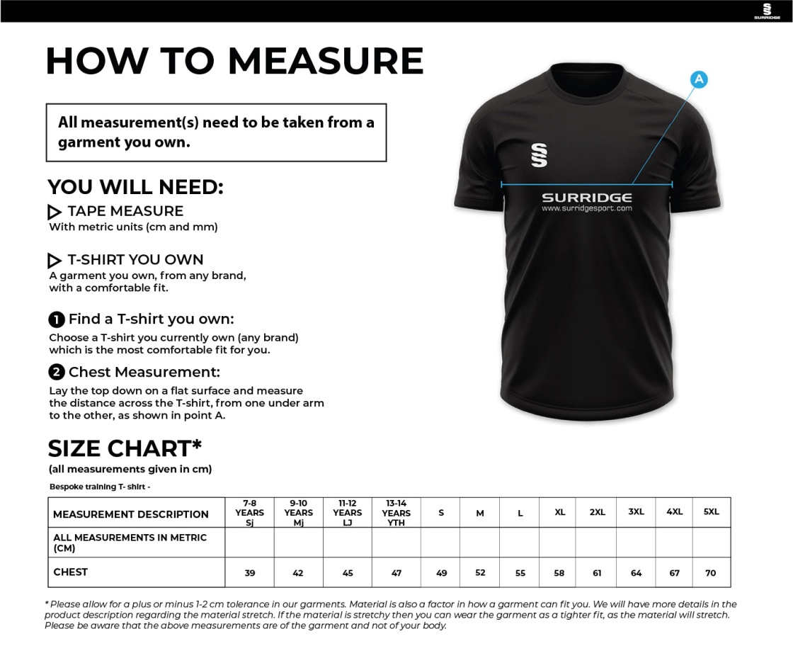 Chelmsford FC - Impact T-Shirt - Black - Size Guide